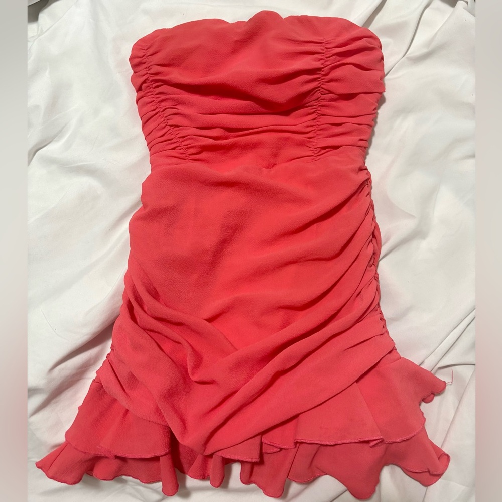 Lucy in the sky Crepe Ruched Bodycon Dress in Coral